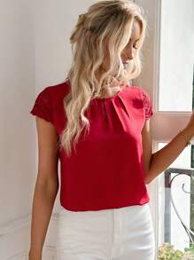 SHEIN Clasi 拼接蕾絲袖拼接細節襯衫 - 紅色 - 查看 6