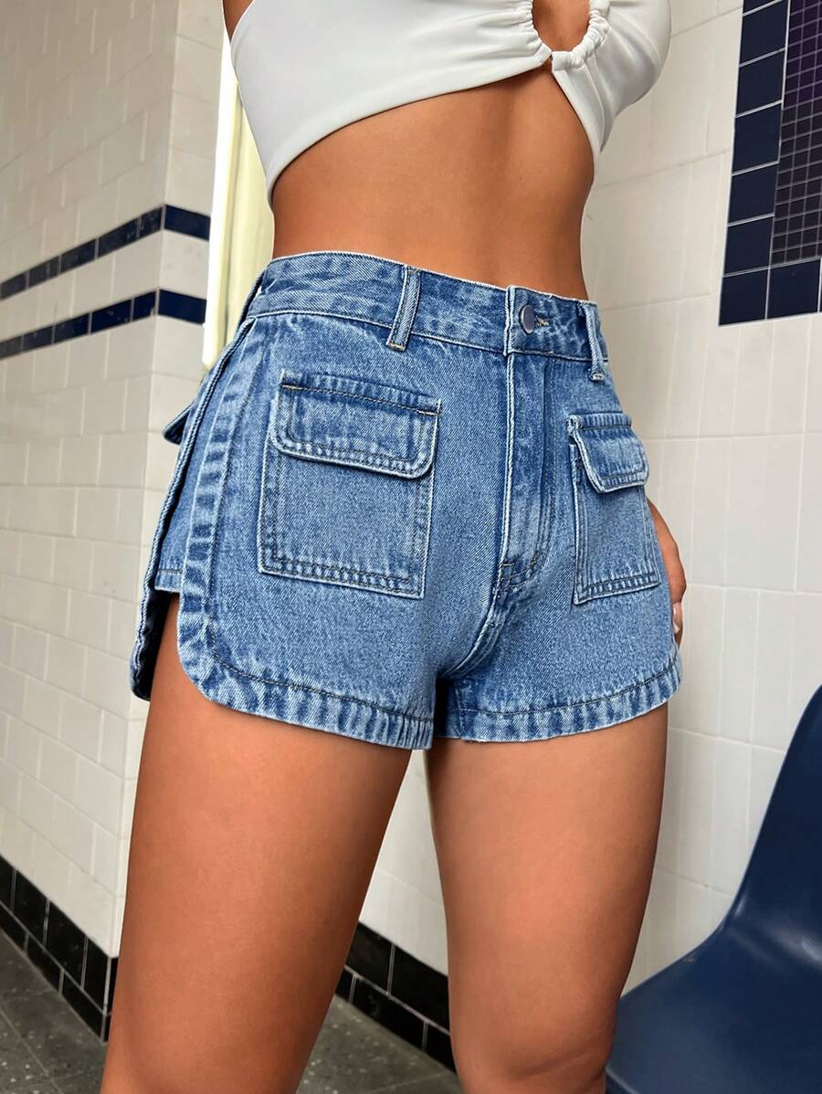 SHEIN ICON Quần short denim nữ Nút Túi Dây kéo màu trơn - Rửa trung bình - Xem 1