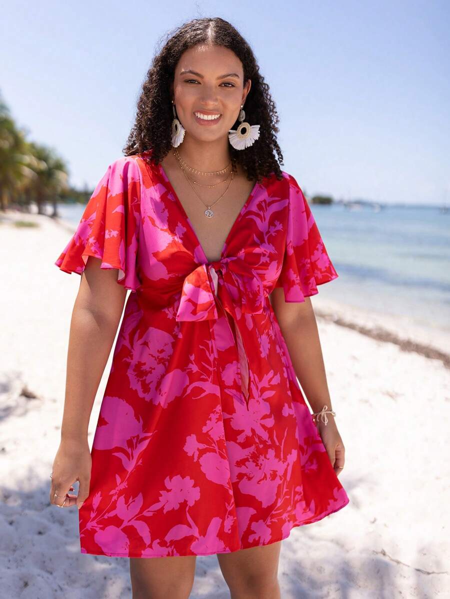SHEIN VCAY 大碼印花前打結蝴蝶袖洋裝 - 玫紅色 - 查看 1
