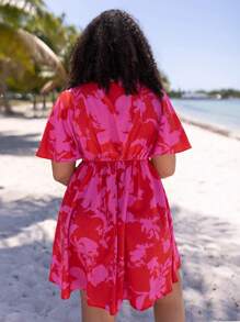 SHEIN VCAY 大碼印花前打結蝴蝶袖洋裝 - 玫紅色 - 查看 2