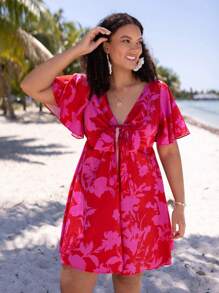 SHEIN VCAY 大碼印花前打結蝴蝶袖洋裝 - 玫紅色 - 查看 4