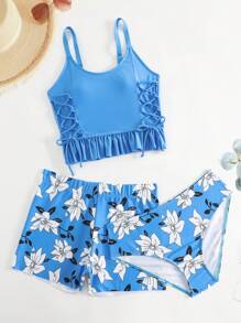 花卉印花系带侧褶下摆比基尼套装搭配沙滩短裤夏季海滩 - 彩色 - 查看 1