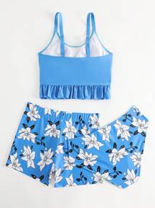 花卉印花系带侧褶下摆比基尼套装搭配沙滩短裤夏季海滩 - 彩色 - 查看 2