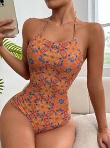 全身印花吊带连体泳衣，适合夏季海滩度假 - 黃色 - 查看 1