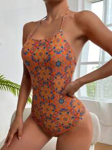 全身印花吊带连体泳衣，适合夏季海滩度假 - 黃色 - 查看 3