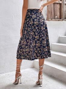 SHEIN Frenchy Ditsy Floral Print Split Thigh Skirt Summer Vacation Flower Blue Holiday Resort - Royal Blue - View 2