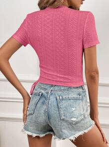 SHEIN Frenchy Camiseta con bordado con ojal con cordón lateral de cuello cruzado - Rosa - Ver 2