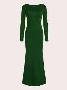 SHEIN Privé Đầm màu trơn Thanh lịch - màu xanh lá - Xem 7