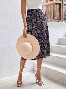 SHEIN Frenchy Ditsy Floral Print Split Thigh Skirt Summer Vacation Flower Blue Holiday Resort - Royal Blue - View 3