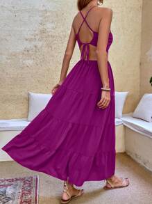 Breezaya Vestido largo de tirantes con recorte en la cintura, abertura en el muslo y dobladillo con volantes, para vacaciones y playa, para mujeres - Morado Violeta - Ver 2