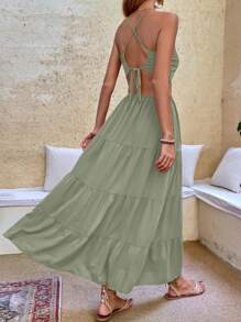 SHEIN VCAY Đầm Lộ Lưng Hội Chữ thập Buộc lại Tách cao màu trơn Gợi cảm - Màu xanh Bạc hà - Xem 2