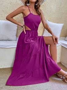 Breezaya Vestido largo de tirantes con recorte en la cintura, abertura en el muslo y dobladillo con volantes, para vacaciones y playa, para mujeres - Morado Violeta - Ver 3