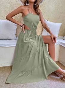 SHEIN VCAY Đầm Lộ Lưng Hội Chữ thập Buộc lại Tách cao màu trơn Gợi cảm - Màu xanh Bạc hà - Xem 4