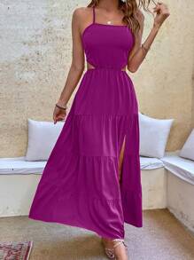 Breezaya Vestido largo de tirantes con recorte en la cintura, abertura en el muslo y dobladillo con volantes, para vacaciones y playa, para mujeres - Morado Violeta - Ver 5