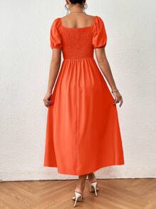 Chiquease 系带前泡泡袖开叉大腿连衣裙长款女装 - 橘色 - 查看 2