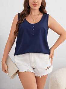 SHEIN LUNE 大碼素色前紐扣背心上衣 - 藏蓝色 - 查看 3