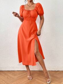 Chiquease 系带前泡泡袖开叉大腿连衣裙长款女装 - 橘色 - 查看 3