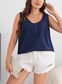 SHEIN LUNE 大碼素色前紐扣背心上衣 - 藏蓝色 - 查看 5