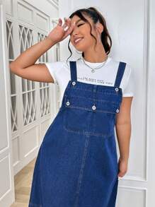 SHEIN Plus Flap Pocket Split Back Overall Denim Dress Without Tee - Dark Wash - View 4