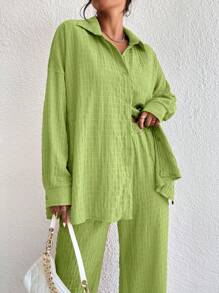 Chiquease Bộ đồ hai mảnh nữ Nút phía trước màu trơn Giải trí - Màu xanh chanh - Xem 4