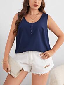 SHEIN LUNE 大碼素色前紐扣背心上衣 - 藏蓝色 - 查看 6