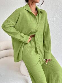 Chiquease Bộ đồ hai mảnh nữ Nút phía trước màu trơn Giải trí - Màu xanh chanh - Xem 5