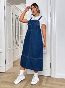 SHEIN Plus Flap Pocket Split Back Overall Denim Dress Without Tee - Dark Wash - View 5