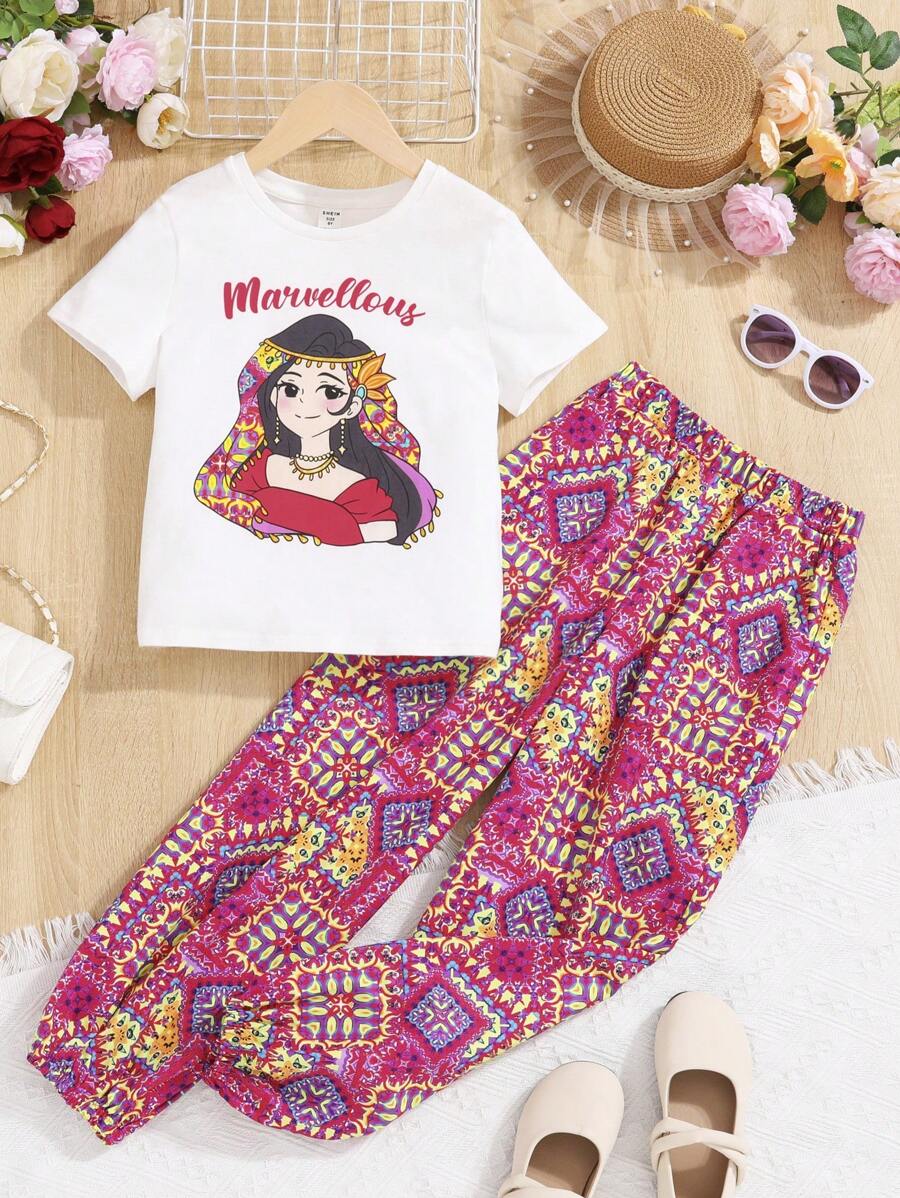 SHEIN 休閒口袋民族風 人像女童兩件套 - 彩色 - 查看 1