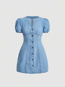 SHEIN MOD Puff Sleeve Button Front Denim Dress - Light Wash - View 1