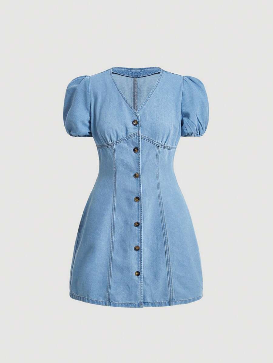 SHEIN MOD Puff Sleeve Button Front Denim Dress - Light Wash - View 1