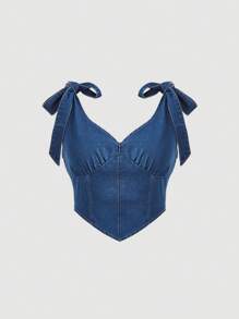 SHEIN áo denim kích thước lớn Bất đối xứng Thắt nút Dây kéo màu trơn Giải trí - Rửa tối - Xem 1