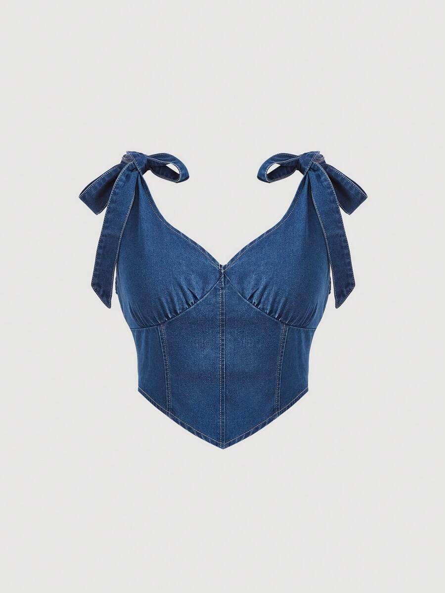 SHEIN áo denim kích thước lớn Bất đối xứng Thắt nút Dây kéo màu trơn Giải trí - Rửa tối - Xem 1