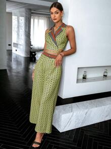 Sollinarry Top crop con estampado & Pantalones de pierna ancha - Verde - Ver 1