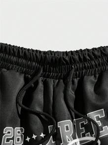 ROMWE MEN Street Life 男士汽车字母图案抽绳腰短裤，学校 - 黑色 - 查看 3