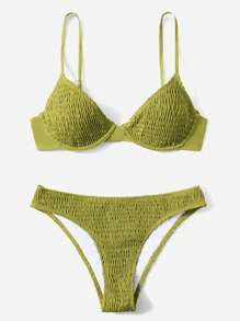 Swim Mod Summer Beach Smocked Underwire Bikini Set - Olive Green - View 1