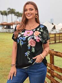 EMERY ROSE Áo thun Plus size Hoa Giải trí - màu đen - Xem 5