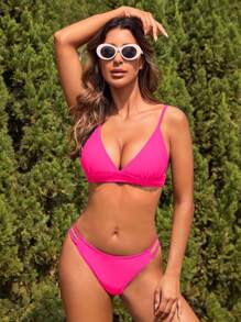 SHEIN Bộ Bikini Nữ màu trơn - Màu Hồng Tươi - Xem 1