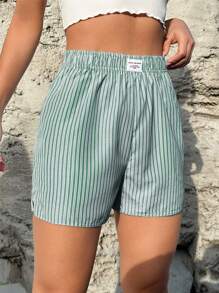 SHEIN EZwear 條紋印花補丁細節短褲 - 綠色 - 查看 6