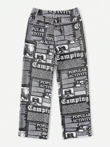 SHEIN EZwear 報紙印花直筒褲 - 黑色 - 查看 2