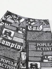 SHEIN EZwear 報紙印花直筒褲 - 黑色 - 查看 3