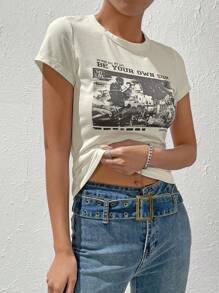 SHEIN EZwear 夏季服装 Y2K 口号和人物图案 T 恤 闪耀我一生 做你自己的太阳 我的生活 闪耀我一生