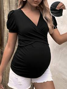 SHEIN Maternity Cross Wrap Front Puff Sleeve Nursing Tee - Black - View 6
