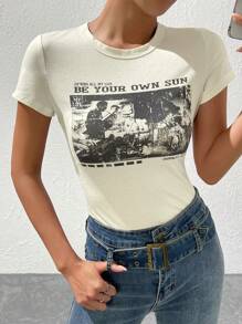 SHEIN EZwear 夏季服装 Y2K 口号和人物图案 T 恤 闪耀我一生 做你自己的太阳 我的生活 闪耀我一生