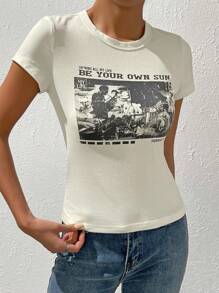 SHEIN EZwear 夏季服装 Y2K 口号和人物图案 T 恤 闪耀我一生 做你自己的太阳 我的生活 闪耀我一生