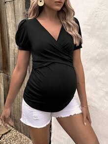SHEIN Maternity Cross Wrap Front Puff Sleeve Nursing Tee - Black - View 3