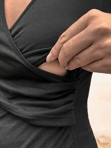 SHEIN Maternity Cross Wrap Front Puff Sleeve Nursing Tee - Black - View 4