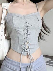 Top de tirantes unicolor con cordón delantero - Gris Claro - Ver 1