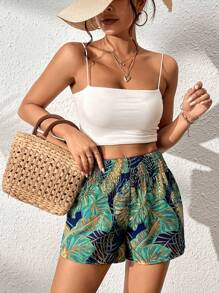 SHEIN VCAY Tropical Print Elastic Waist Shorts - Multicolor - View 1