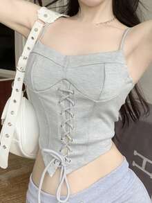 Top de tirantes unicolor con cordón delantero - Gris Claro - Ver 3