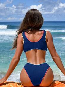 Whip Stitch Ring Linked Bikini Set For Summer Beach - Navy Blue - View 2